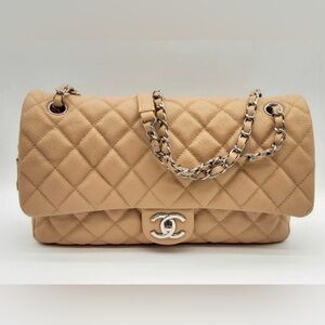 Chanel Beige Cavier Quilted Zipper Classic Flap Shoulder Bag
